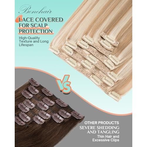 Benehair Clip in Hair Extensions Real Human Hair 22inch Double Weft Golden Brown Mixed Bleach Blonde Hair Extensions Clip in Human Hair Lace Weft Straight Hair Extensions Clip ins 7pcs 130g #12P613