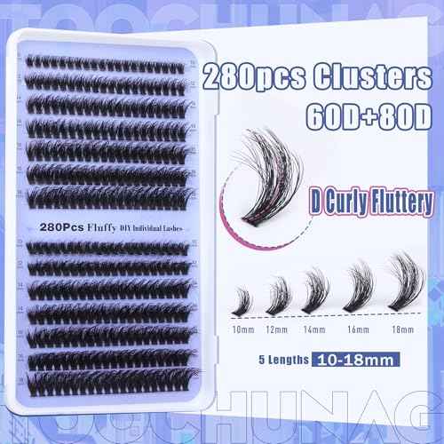 Fluff Lash Clusters 60D+80D Thick Eyelash Clusters D Curly Wispy Individual Lashes 10-18mm Cluster Eyelash?Extensions 280pcs False Eyelashes DIY Flat Lash Extension by TOOCHUNAG