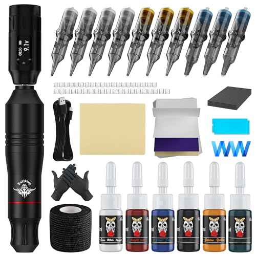 Tattoo Gun Kit, Complete Beginners Tattoo Gun Machine Kit, Professional Rotary Tattoo Pen Set, with 1,300 mAH Battery, 10Pcs Cartridge Needles