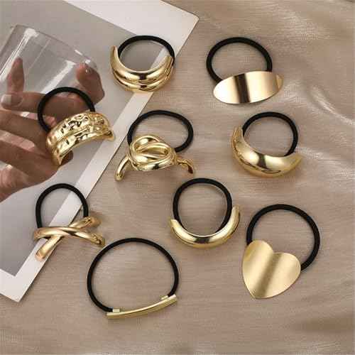 papasgix 3-Pack Metal Hair Ties - Gold & Silver Ponytail Hair Cuffs for Women (Gold Set 02)