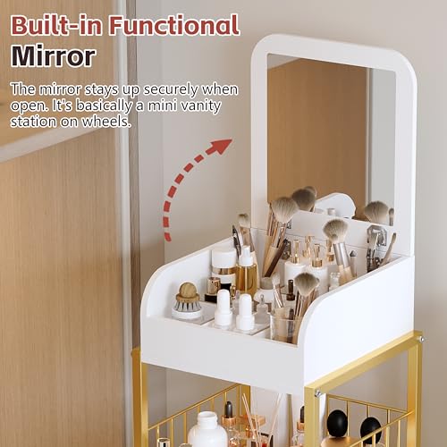 Makeup Cart Organizer with Mirror, Large Floor Skincare Organizers Make Up Organizers-Vanity Storage Organizer Cosmetic Display Cases Holder for Skin Care Perfume Nail Polish Brush Hair Tool (Gold)