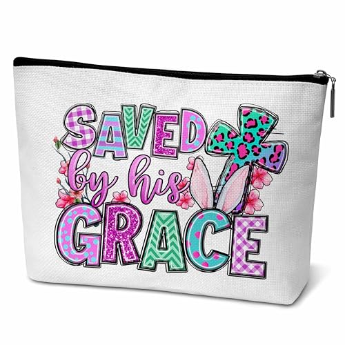 ONDTOM Happy Easter Gifts for Women Friends, Easter Bunny Makeup Bag, Saved By His Grace Teacher Appreciation Gifts -B14