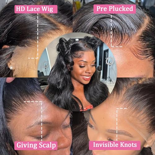 13x6 Lace Front Wigs Human Hair 180 Density Body Wave HD Lace Frontal Wigs Pre Plucked with Baby Hair Glueless Wig for Women 26Inch