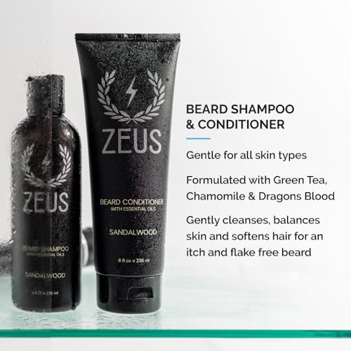 ZEUS Deluxe Men¡¯s Beard Care Gift Set ? Luxury Holiday Grooming Kit with Wash, Oil & Brush, Perfect Present for Husband, Dad or Boyfriend (Sandalwood)