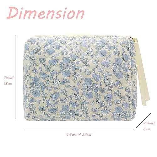 PAZIMIIK Quilted Makeup Bag Large Travel Zipper Soft Cosmetic Pouch for Women Girls Make Up,Little Flower Blue