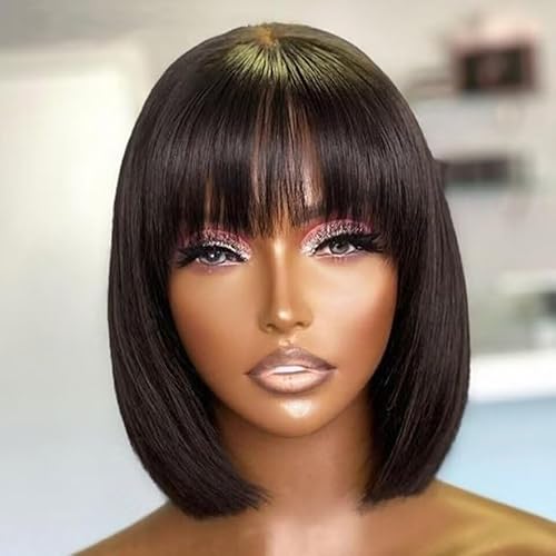 Straight Short Bob Natural Black HD Lace Front Wigs with Baby Hair 13X4 Glueless Human Hair Bangs Pre Plucked with Bleached Knots 180 Density for Black Woman 8 Inch