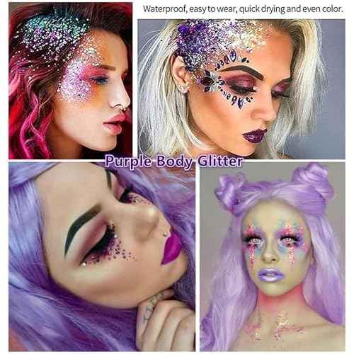 Go Ho Mermaid Purple Face Body Glitter Gel,Holographic Purple Hair Glitter,Mardi Gras Outfit for Women Kids,Chunky Sequins Glitters for Eye Lip Nails,Festival Rave Accessories