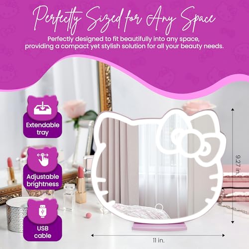 Impressions Vanity Supercute Hello Kitty Tabletop Desk Mirror with Lights and Touch Sensor Switch, Adjustable Tri Tone LED Lighted Makeup Mirror with Hidden Extendable Tray and Phone Holder