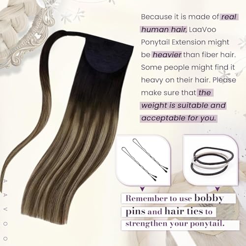 LaaVoo Ponytail Extension Human Hair Black Pony Tails Hair Extensions Real Human Hair Long Ponytail Hair Extensions Black Balayage Dark Brown Mix Caramel Blonde 20 Inch 80g