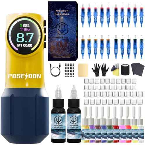 POSEIDON Tattoo Kit, Tattoo Pen Kit, Wireless Rotary Tattoo Gun Kit, LED Color Screen Tattoo Machine Kit with 20 Pcs Tattoo Cartridge Needles and 12 Tattoo Inks, Tattoo Supplies for Beginners