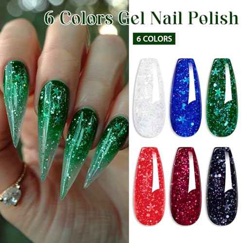 MEET ACROSS Gel Nail Polish Set 6 Pcs Glitter Colors Gel Nail Kit Art Design Soak Off UV LED (SET-4, 6pcs)