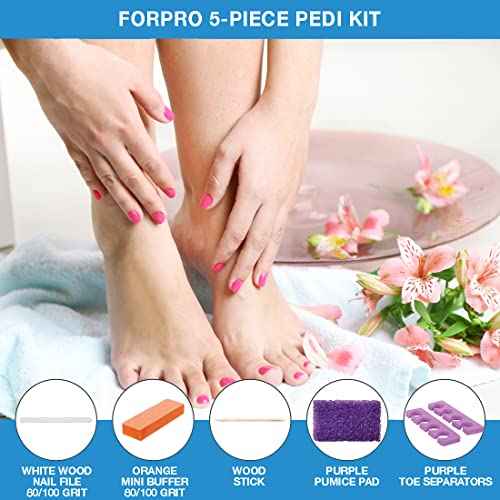 ForPro 5-Piece Pedi Kit, 200-Count, Individually-Packed Pedicure Set, Purple Pumice Pad, Wood Nail File 80/100 Grit, Mini Buffer 80/100 Grit, Wood Stick, Toe Separators