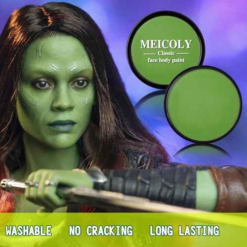 MEICOLY Light Green Face Body Paint for SFX Witch Cosplay Halloween Makeup,Elphaba Green Face Paint,Face Painting for Adults Kids,Hunting Hulk Gamora Body Paint,St Patricks Day Accessories