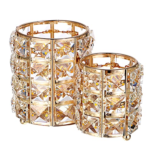 Hipiwe Makeup Brush Holder Gold Bling Crystal Makeup Brush Organizer Round Remote Control Holder Cosmetic Brush Tools Comb Pen Pencil Storage Pot Cup for Vanity, Office, Home Decor, 2-Slot