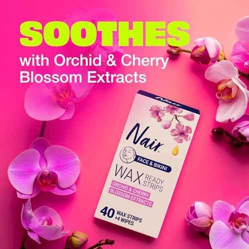 Nair Hair Remover Wax Ready Strips, Face and Bikini Hair Removal Wax Strips, Orchid and Cherry Blossom Extracts, Dermatologist Tested, Plus 4 Non-Flushable Post Wipes, 40 Count