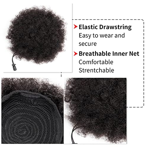 Afro Puff Drawstring Ponytail Human Hair Small Kinky Curly Ponytail Buns Hairpieces 8A Brazilian Virgin Hair Short Clip In Ponytails for Black Women Girls Kids 6 Inch Natural Black