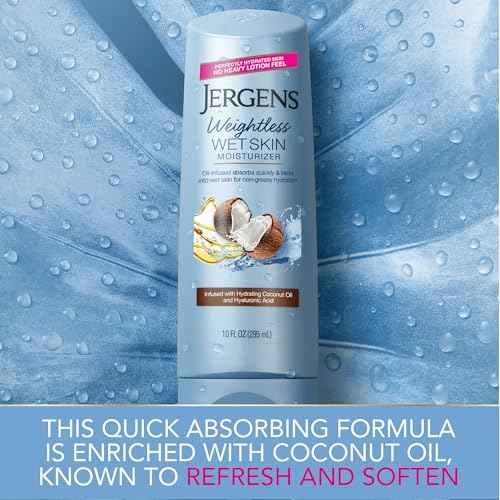 Jergens Wet Skin Body Lotion with Coconut Oil, In Shower Lotion for Dry Skin, Fast-Absorbing, Non-Sticky, Dermatologist Tested, 10 Ounce