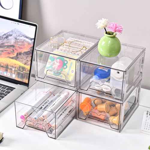 6 Pack Stackable Makeup Organizer, 4.4'' Tall Acrylic Bathroom Makeup Organizer and Storage Drawer with Pull-out Handle, Clear Plastic Storage Bins for Vanity,Pantry,Desk,Undersink,Kitchen