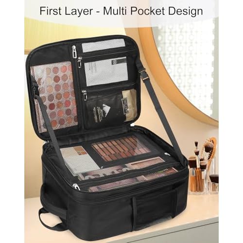 TANTO Makeup Backpack Makeup Artist Bag Professional Extra Large Cosmetic Bag Travel Train Case Storage Organizer Double-Layer Large Capacity Cosmetic Case with 4 Pouch(Black)