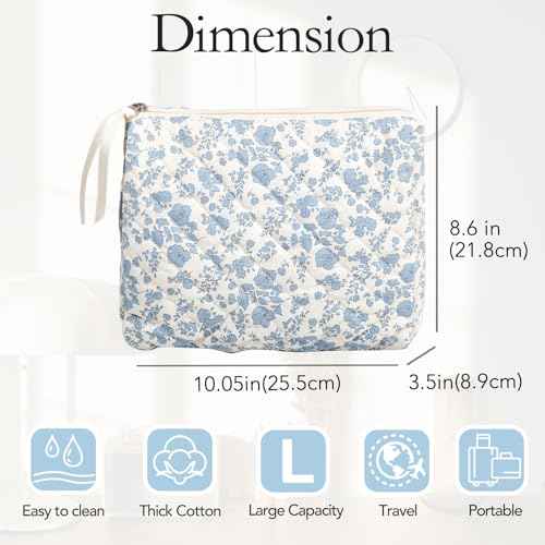 Large Travel Makeup Bag - Quilted Cotton Cosmetic Organizer with Zipper, Cute Coquette Floral Aesthetic Toiletry Pouch Gift for Women (Blue Floral)