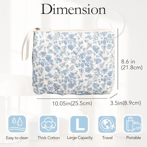 Large Travel Makeup Bag - Quilted Cotton Cosmetic Organizer with Zipper, Cute Coquette Floral Aesthetic Toiletry Pouch Gift for Women (Blue Floral)