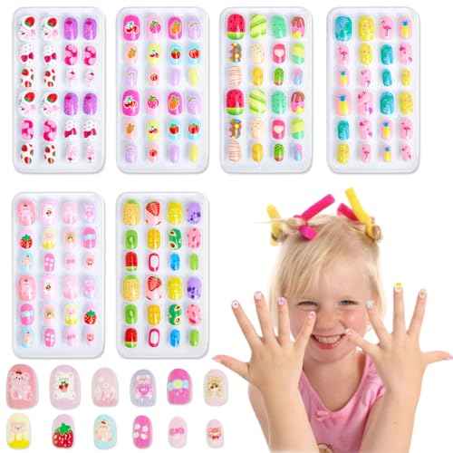 Press on Nails for Kids 144Pcs, 6 Pack Kid Press on Nail for Girls Colorful Patterns Kids Fake Nails Pre-glue Full Cover Acrylic Nail Art Christmas Easter Gifts for Girls