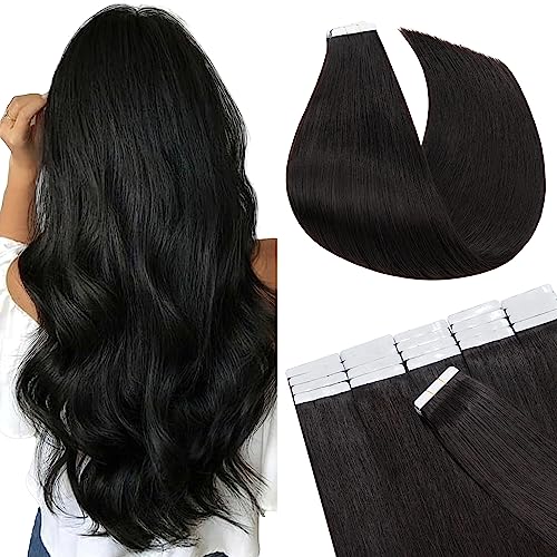 SEGO Tape in Hair Extensions Human Hair 20 Inch Natural Black 40pcs 100g Straight Natural 100% Remy Rooted Seamless Skin Weft Invisible Double Sided Tape Hair for Women