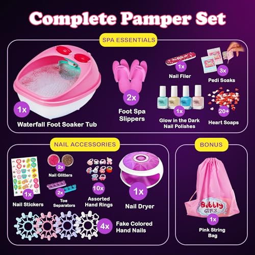 Glow in Dark Kids Spa Day Kit for Girls, 42+ Pieces Waterfall Foot Spa Toys, Nail Spa Kit, Pedicure Manicure Accessories, Perfect Spa Kit for Girls Ages 6 7 8 9 10 11 12, Fun Birthday, Christmas Gifts
