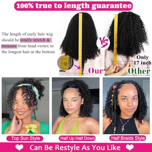 Kinky Curly Half Wig Human Hair 220% Density 3 In 1 True To length Flip Over Curly Edges Drawstring Half Wigs For Black Women Glueless Wear Go Afro Curly Headband Wigs For Beginner Friendly 16 Inch