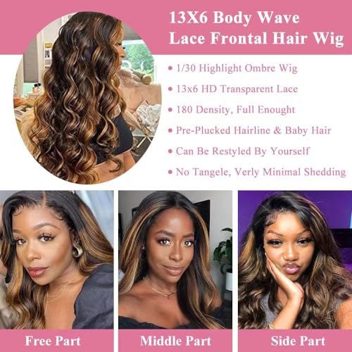 13x6 Ombre Lace Front Wig Human Hair 1B/30 Body Wave Lace Frontal Wigs Human Hair Pre Plucked 180% Density Highlight HD Lace Front Colored Wig Human Hair Glueless Balayage Wig for Women 20 Inch