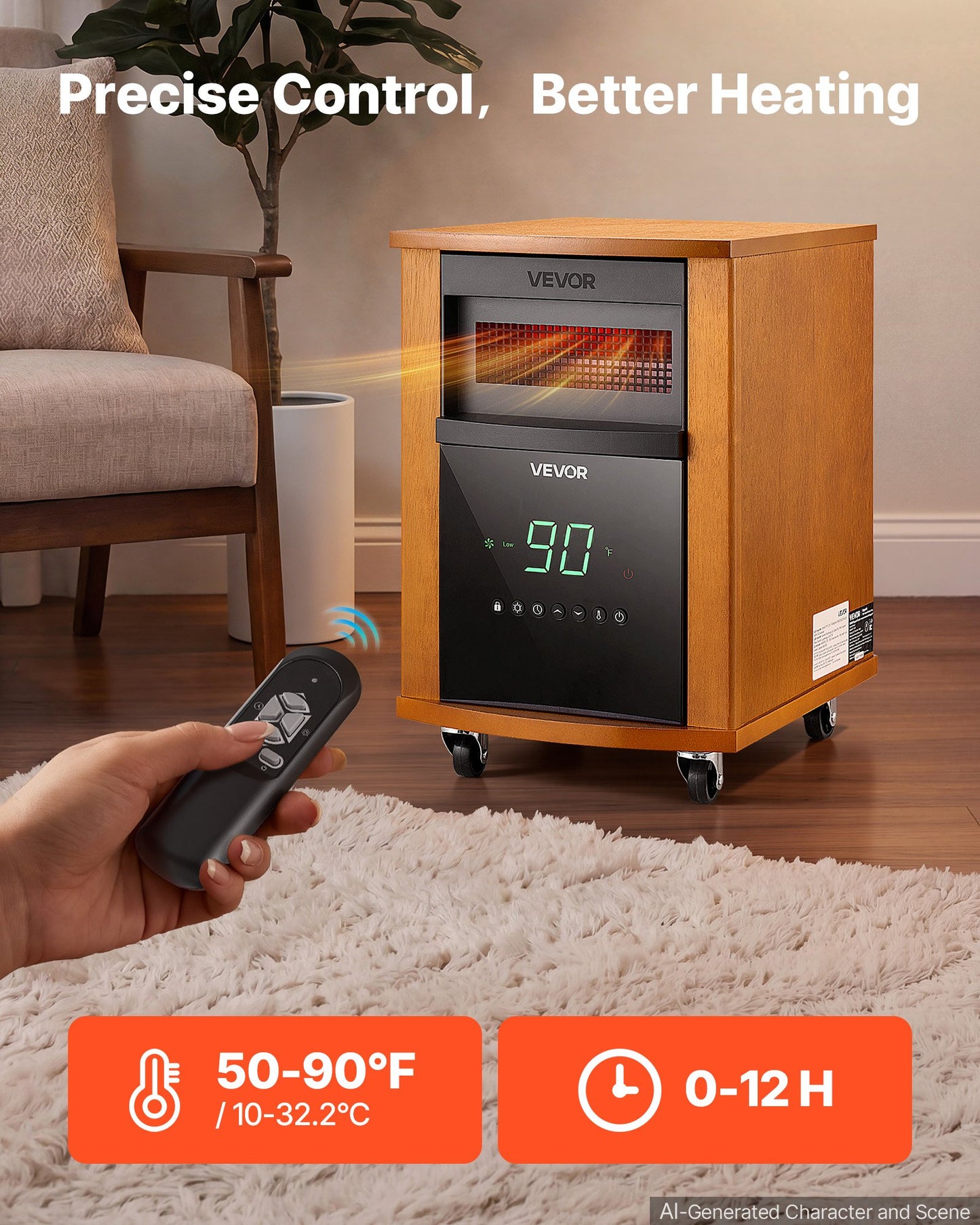 1500W Infrared Space Heater with Remote, 3 Heat Settings, Timer, Portable Wheels
