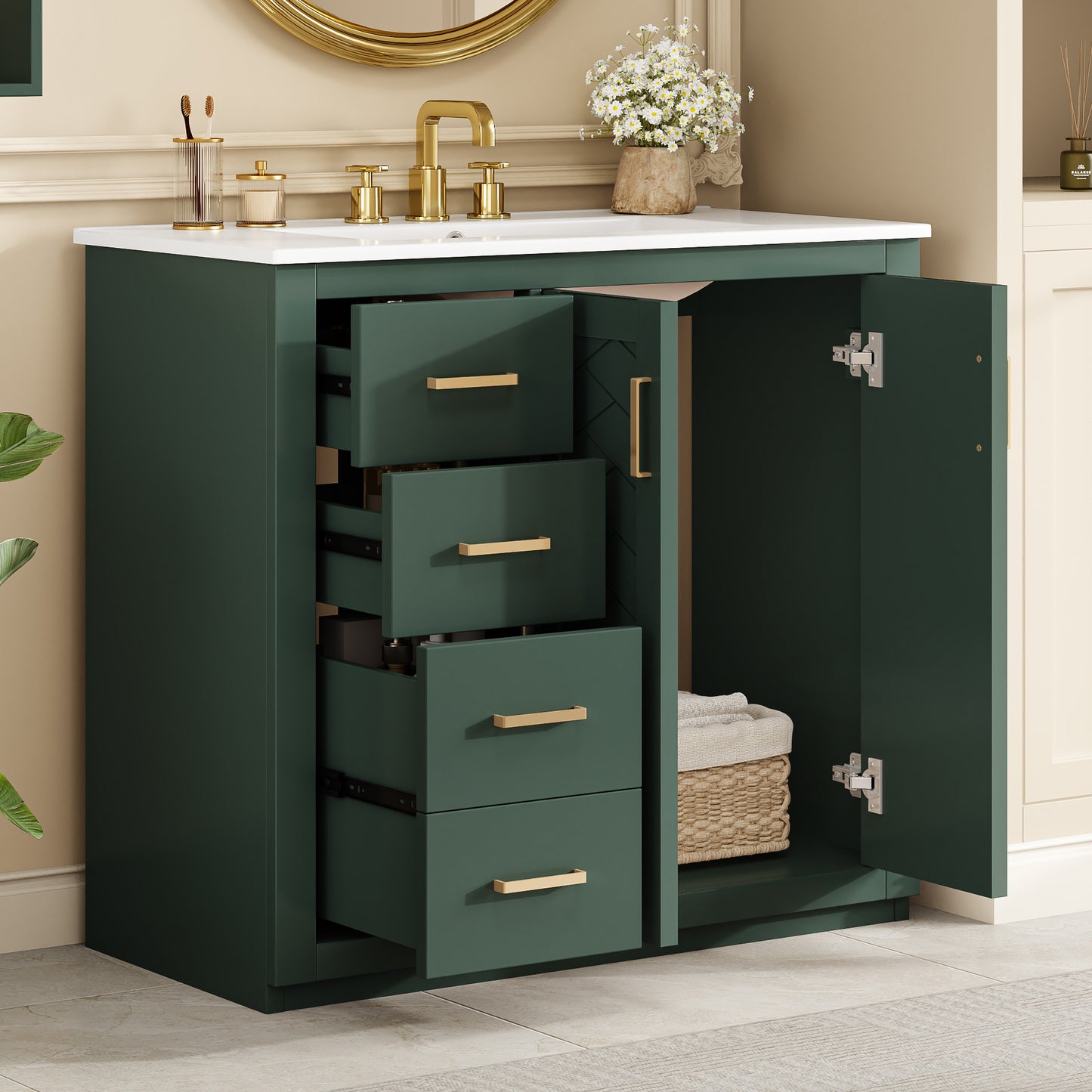 36-Inch Green Bathroom Vanity with Ceramic Sink & Storage Cabinet