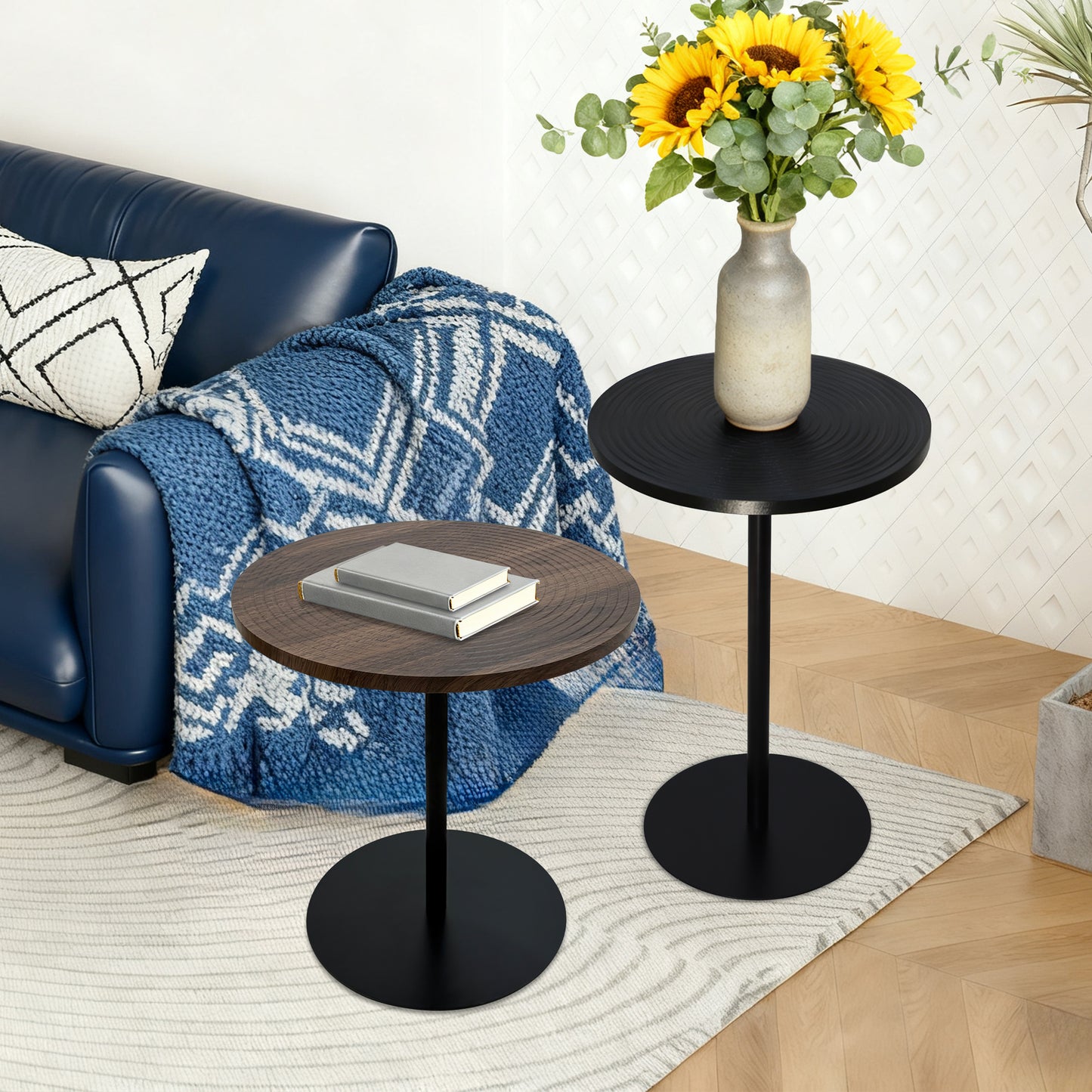 Small Round Side Table Set of 2 - Walnut Brown & Black