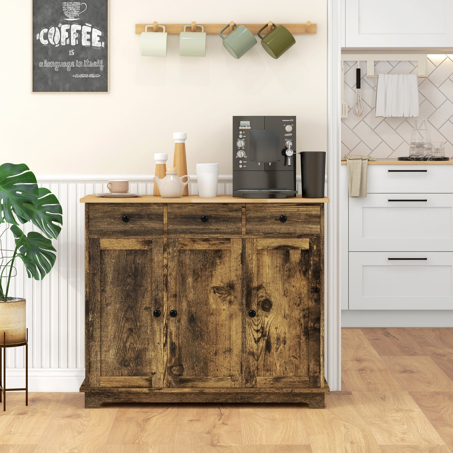 Kitchen Storage Cabinet, Sideboard Floor Cupboard with Solid Wood