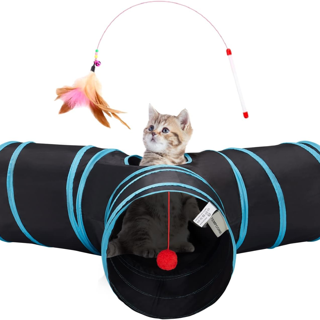 Collapsible Cat Tunnel Tube Toys for Indoor Cats with Peek Holes & Teaser Wand