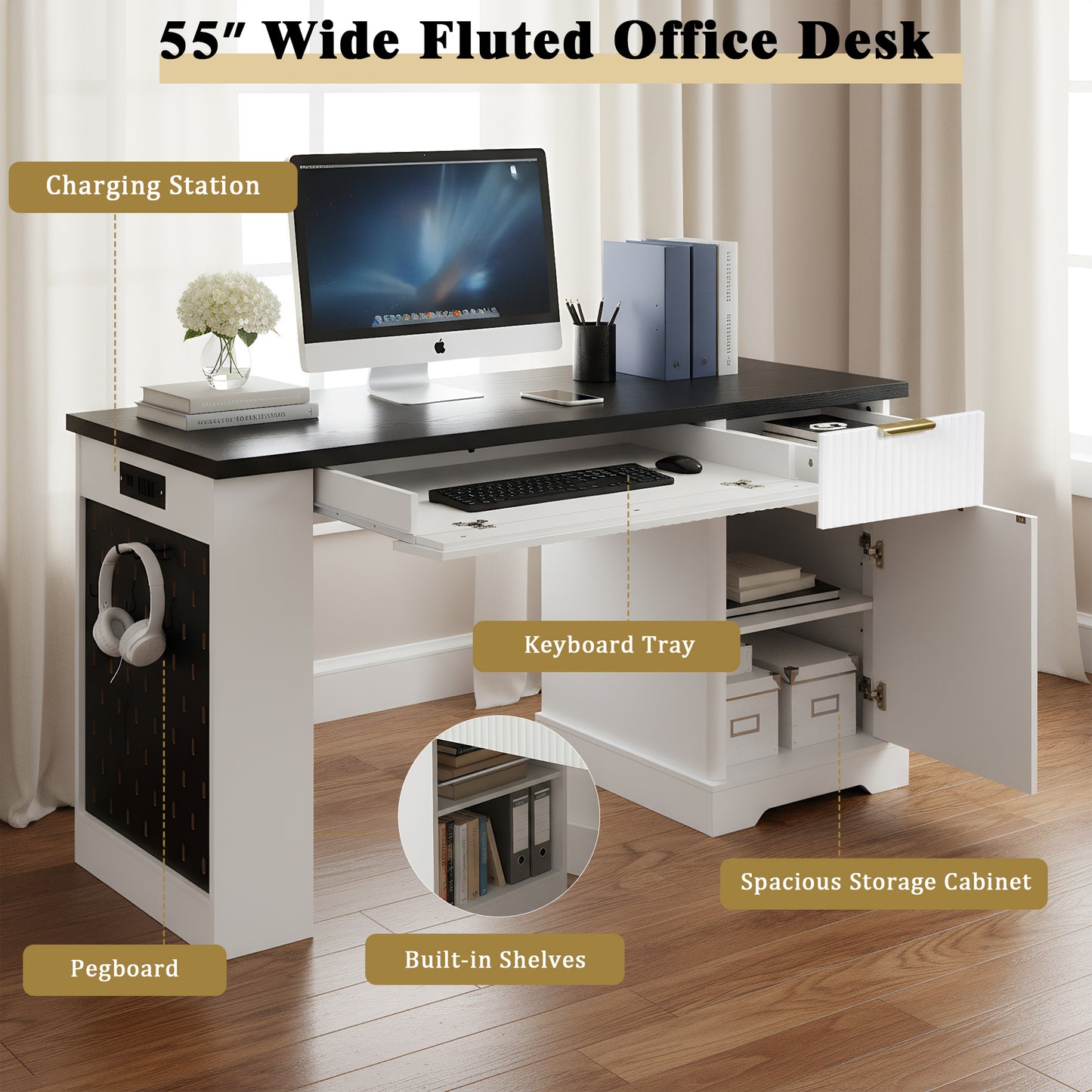 55" Modern Fluted Office Desk with Storage Cabinet & Power Outlet - White