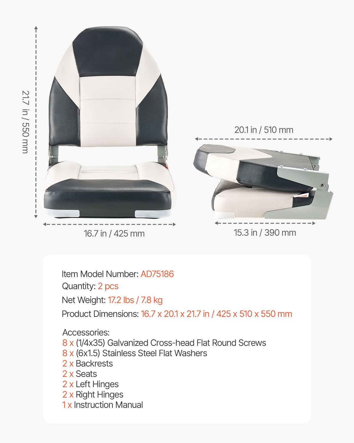Folding Boat Seat with High Backrest Waterproof PVC Leather & Thick Foam Cushion