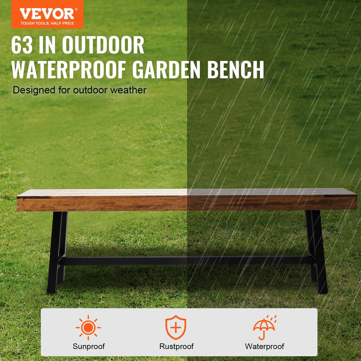 Wood Garden Bench 63 Inches with Metal Legs - Outdoor Patio Seating
