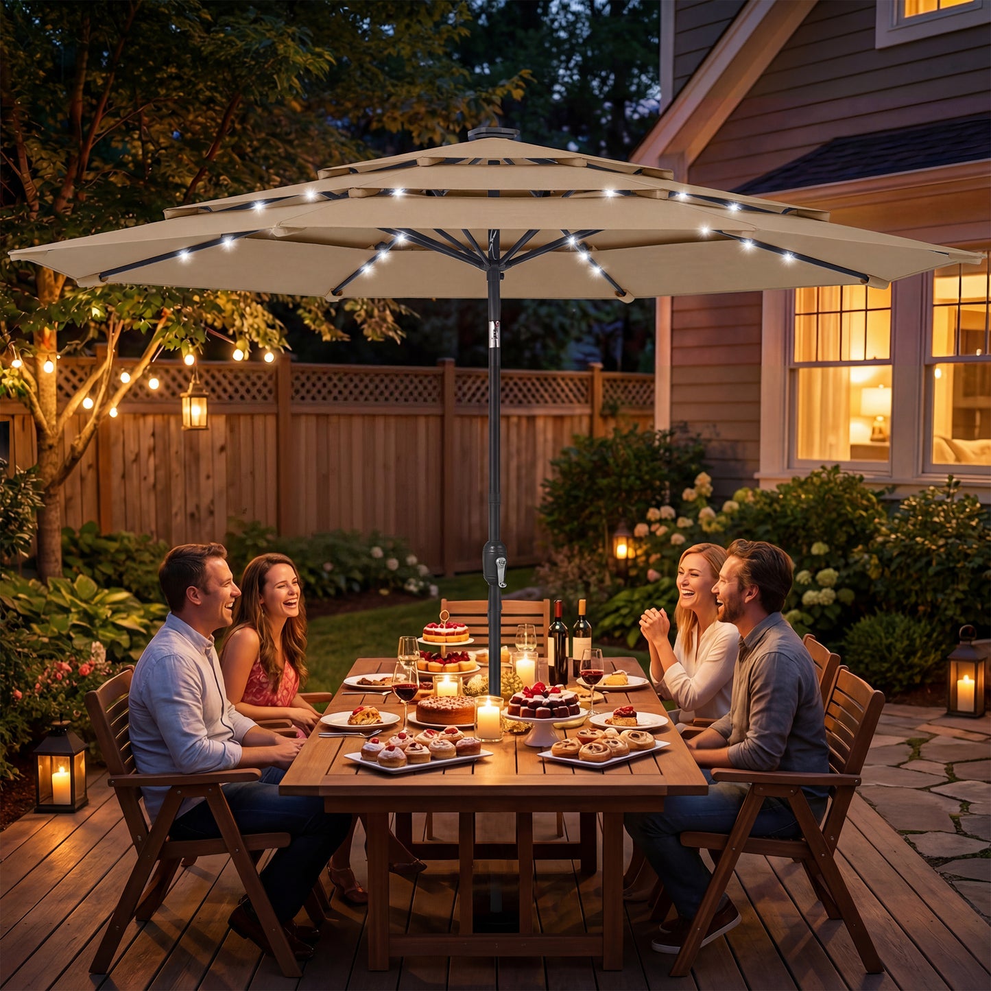 9.7 ft Outdoor Patio Umbrella with Solar LED Lights - Khaki