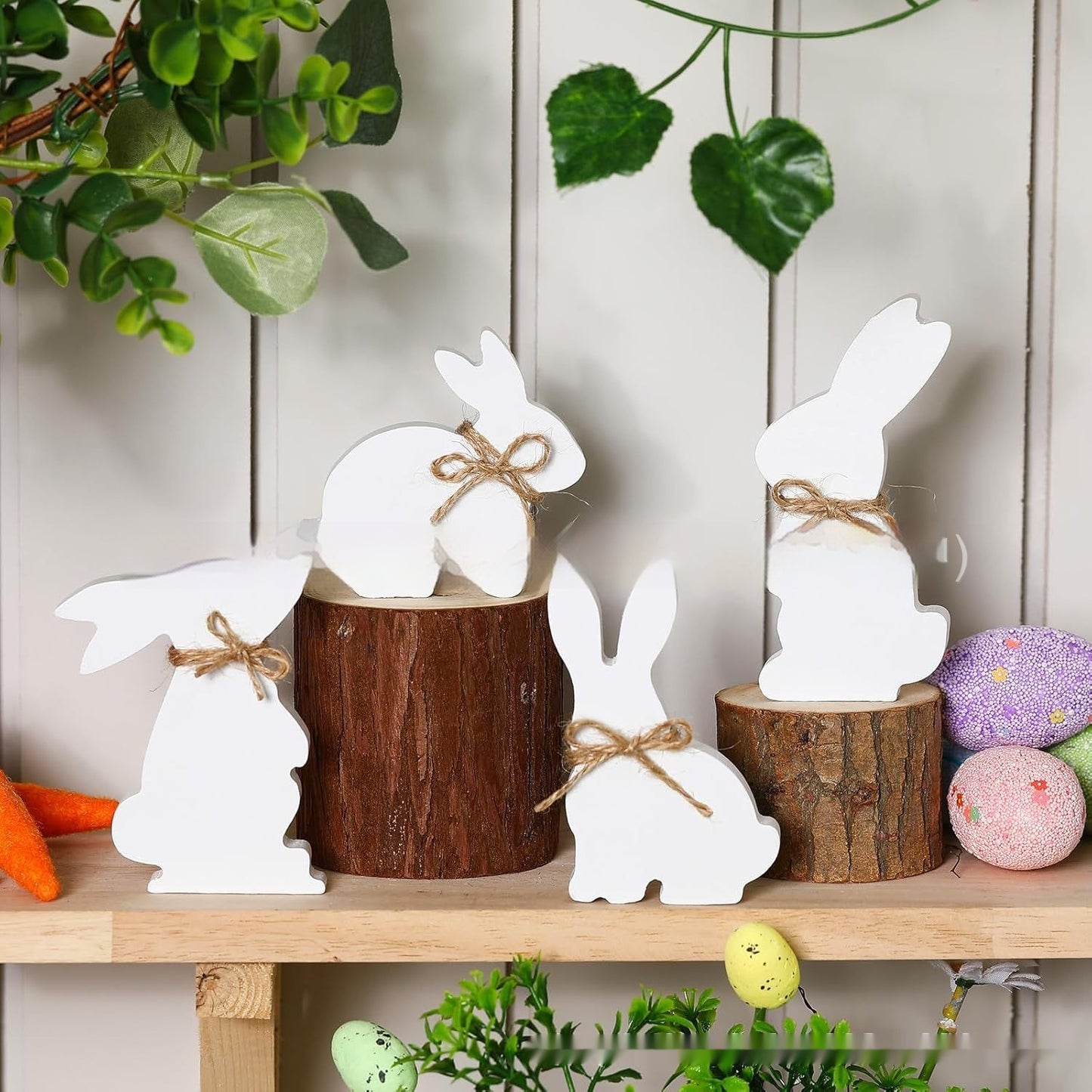 Wooden Easter Bunny Decorations Set - 4 Pieces Holiday Ornaments