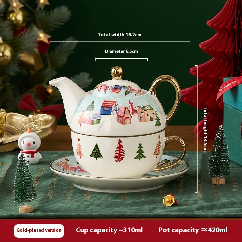 Gift Box Tea Set with Ceramic Teapot & Cups - Gold Plated Snowflake Design, Christmas Gift