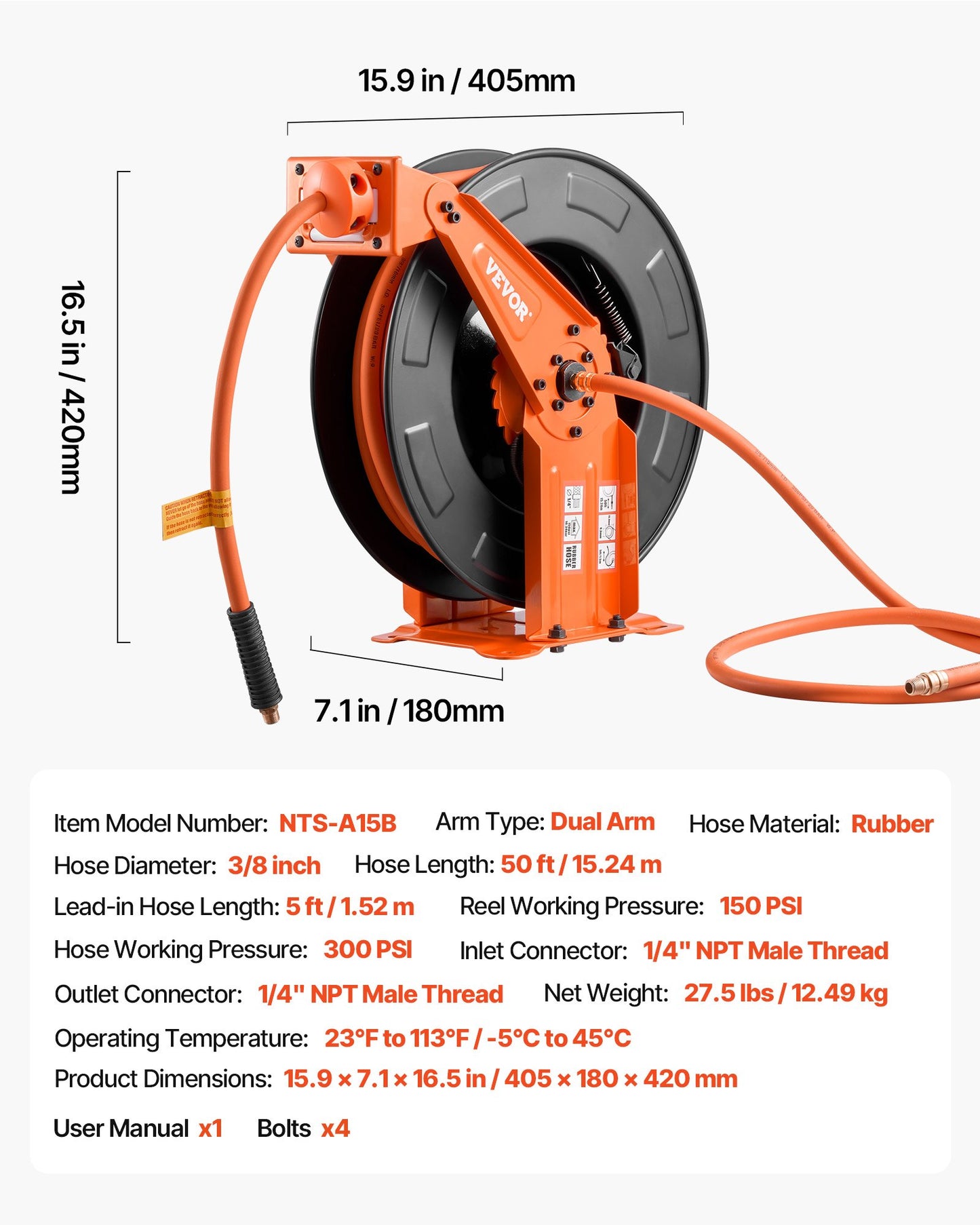 Retractable Air Hose Reel 50FT 3/8 Inch Rubber Hose Wall Mount Auto Rewind