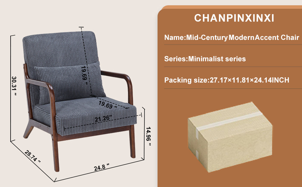 Mid-Century Modern Accent Chair - Antique Dark Grey Upholstered Armchair