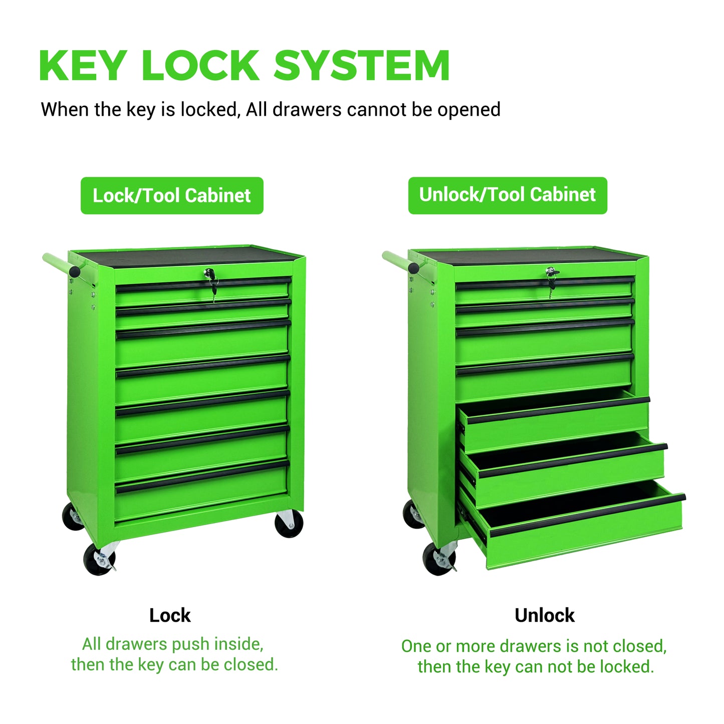 Green Metal Rolling Tool Chest with 7 Drawers - 20-Inch Storage Cabinet