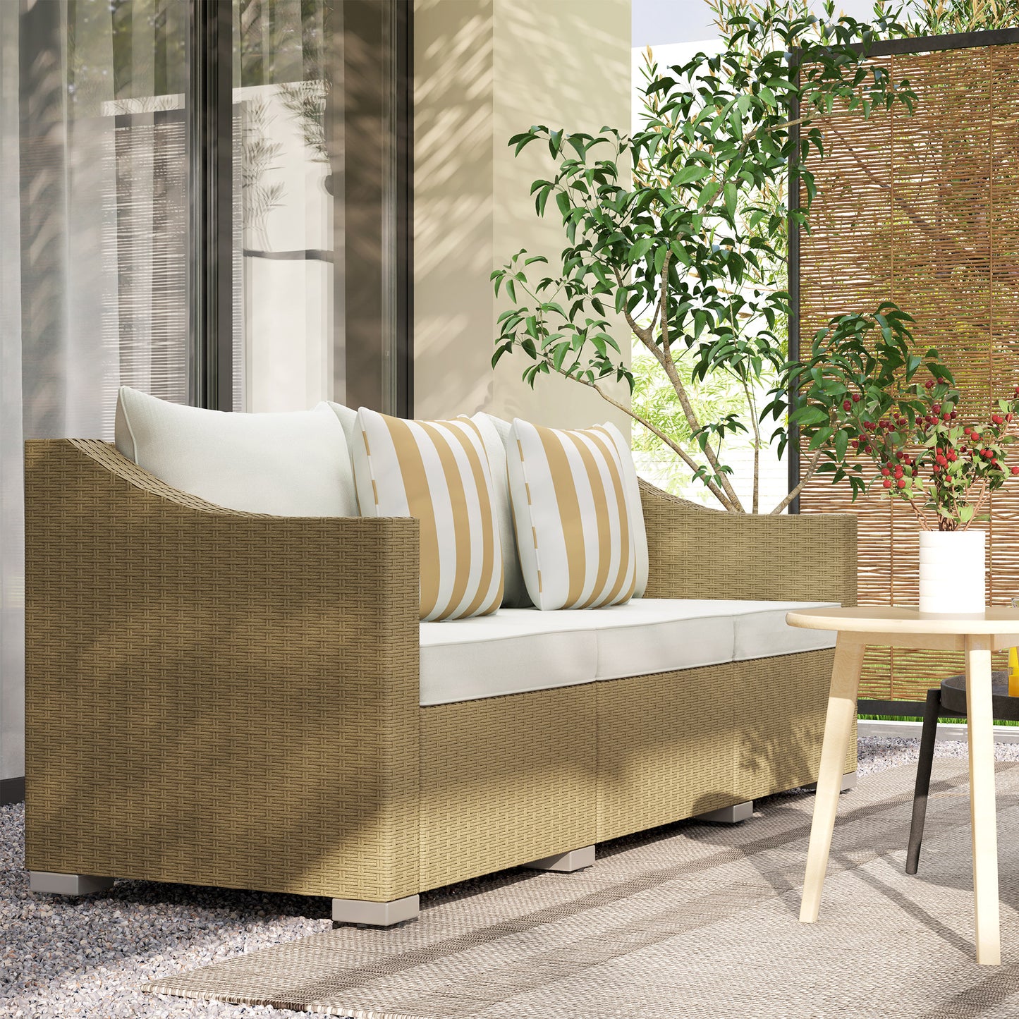 Cream White Rattan 3-Seater Patio Sofa with Cushions & Pillows