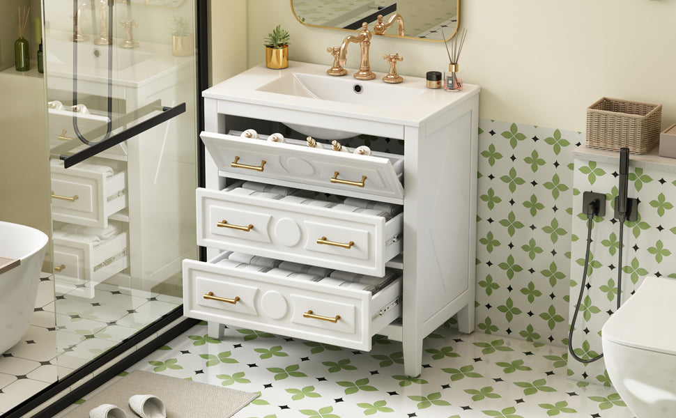30'' White Bathroom Vanity with Ceramic Sink and 3 Drawers