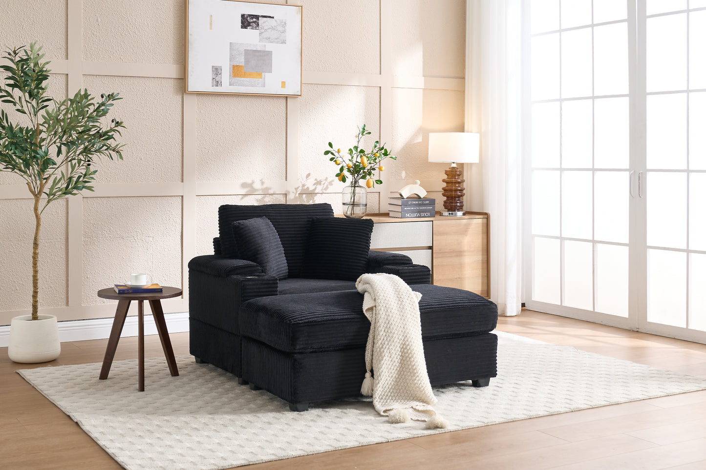Corduroy Upholstered Chaise Lounge Sofa with Storage & Ottoman - Black