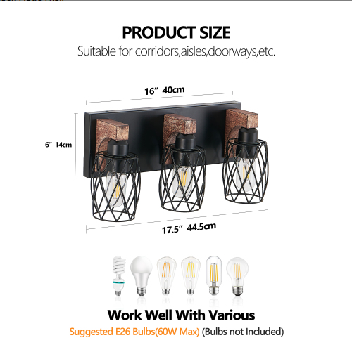 18-Inch Industrial Vintage Wall Sconce - Black Cage & Wooden Accents, 3-Light Fixture