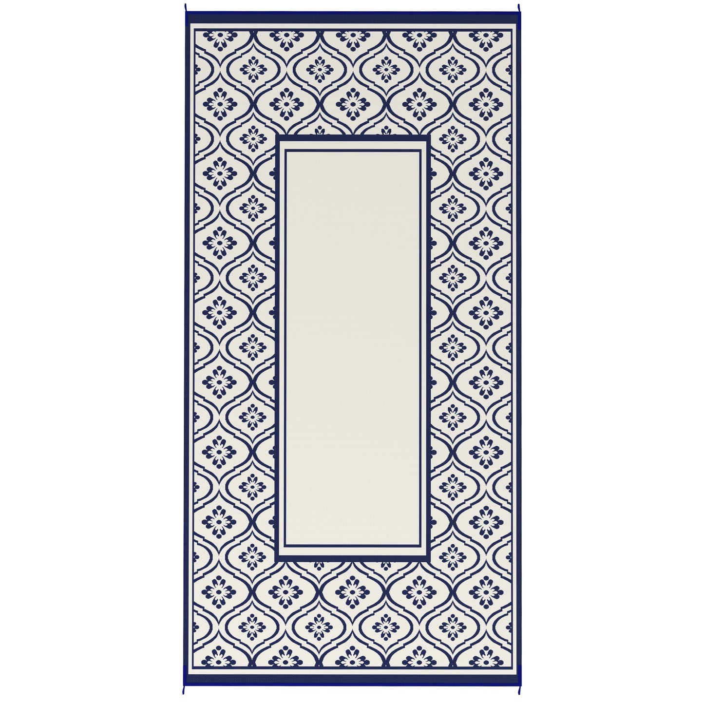 Reversible Outdoor Rug - Waterproof Plastic Straw, 9' x 18', Blue & White Gourd Border