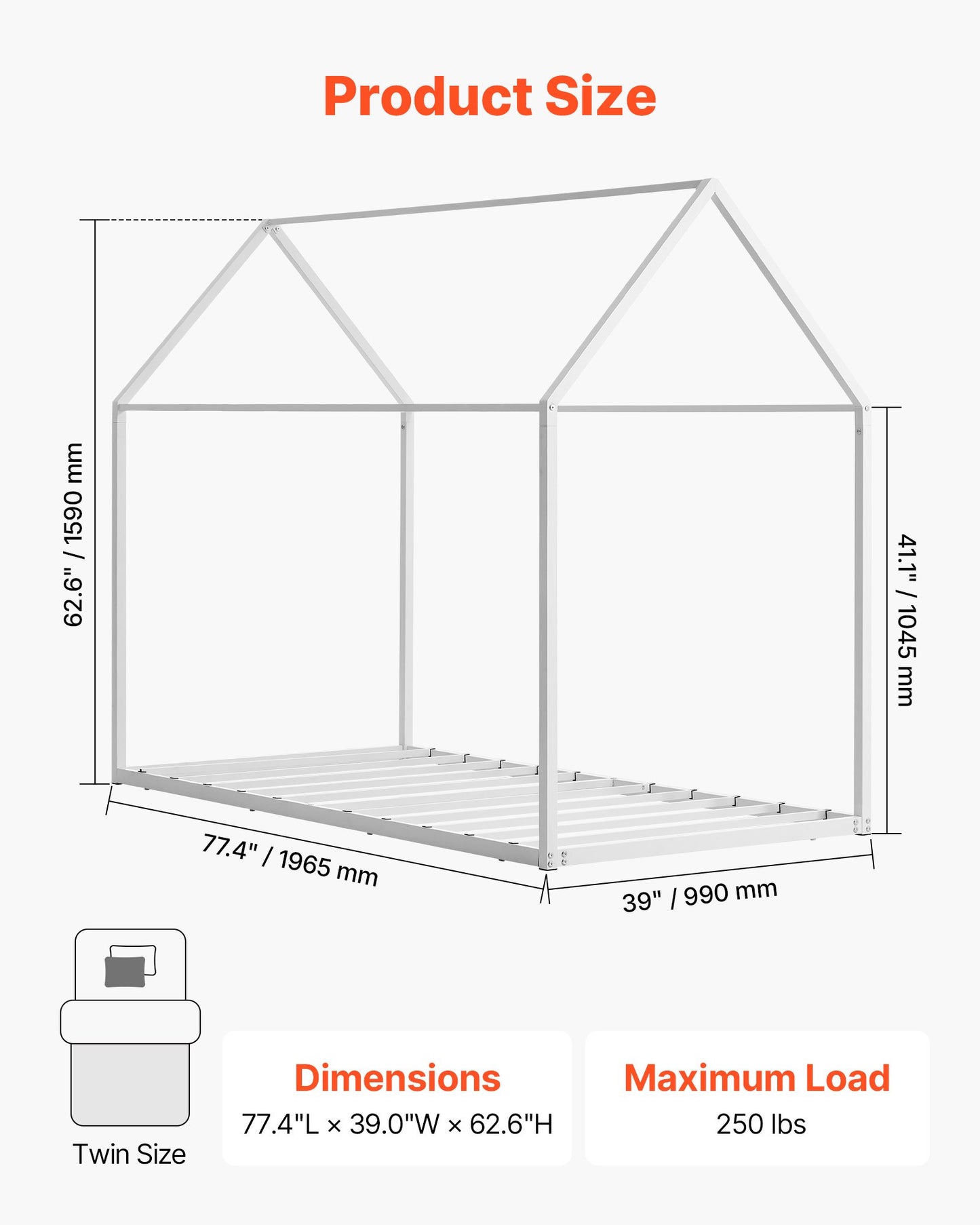 Twin House Bed Frame for Kids - Metal Floor Bed with Roof, Easy Assembly, White